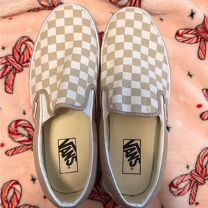 Vans Beige and White Checkered Slip-Ons